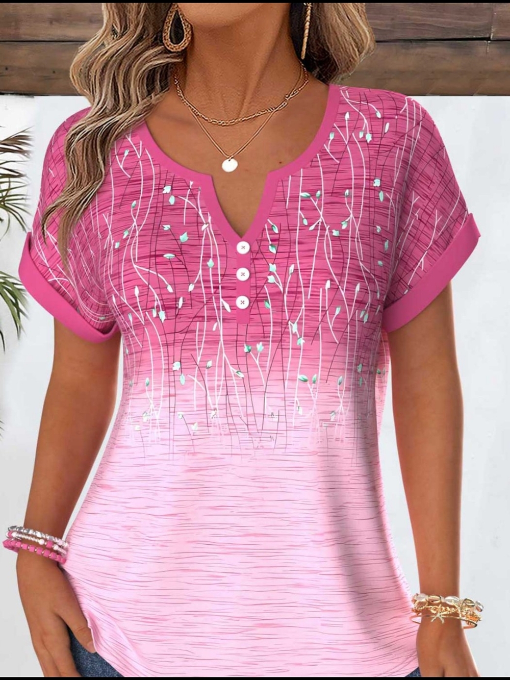 MODLILY®Pink Ombre Tummy Coverage  Sleeve Split Neck Blouse